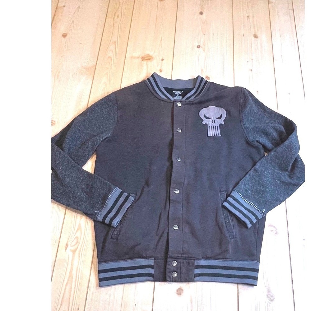 Marvel Mens‎ Punisher Varsity Bomber Jacket Gray Medium Skull Logo Streetwear M